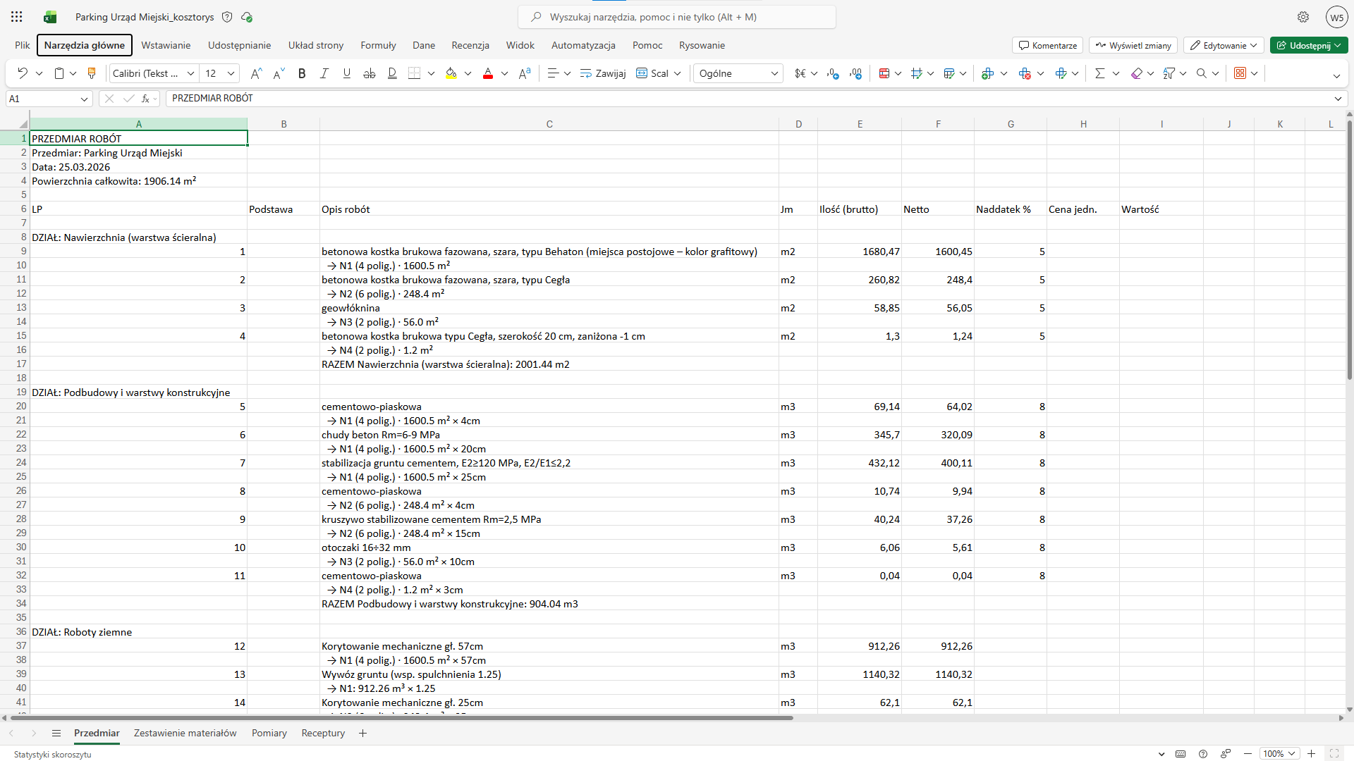 Eksport przedmiaru robót brukarskich do Excela z przedmiary.pl